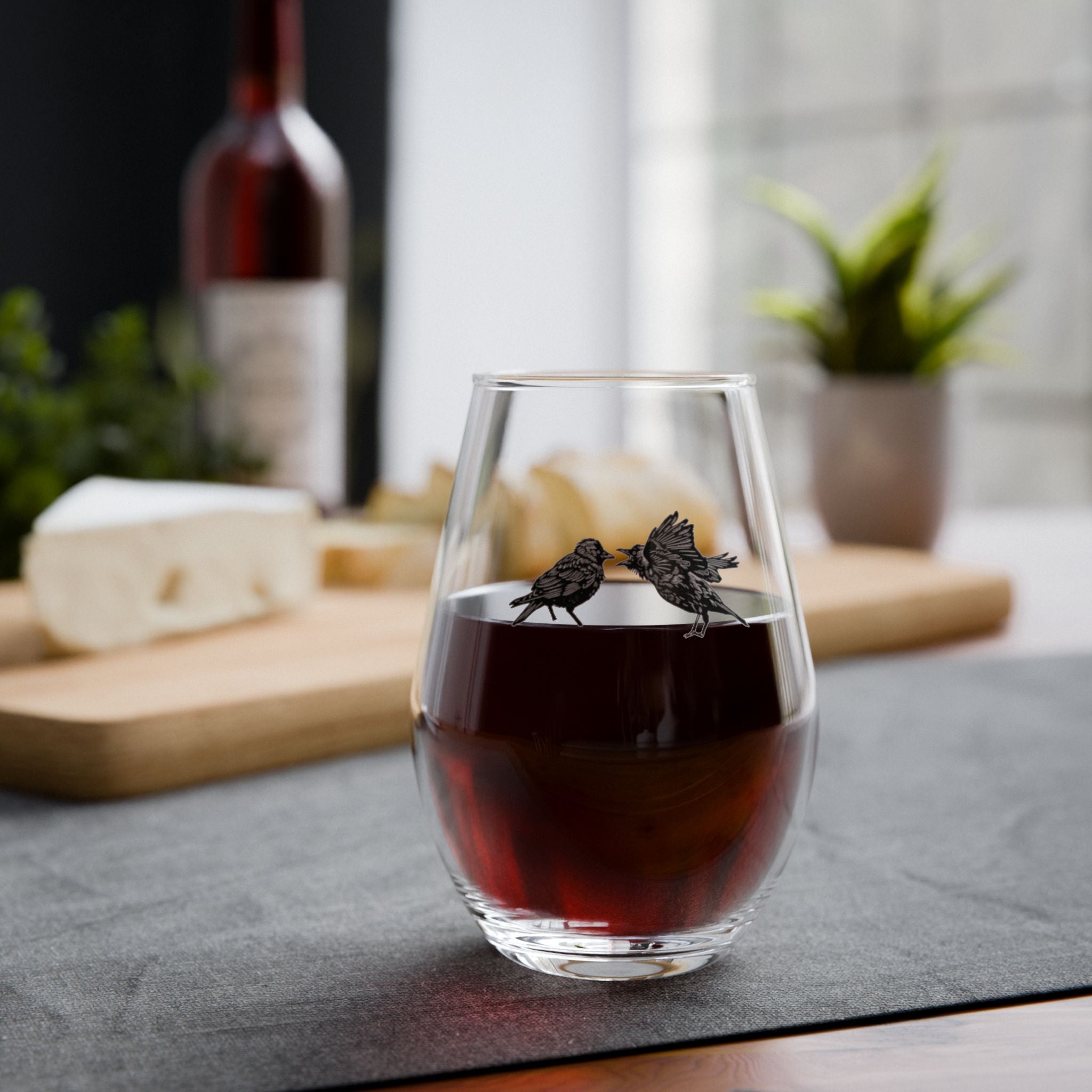 Stemless Wine Glass with Bickering Birds